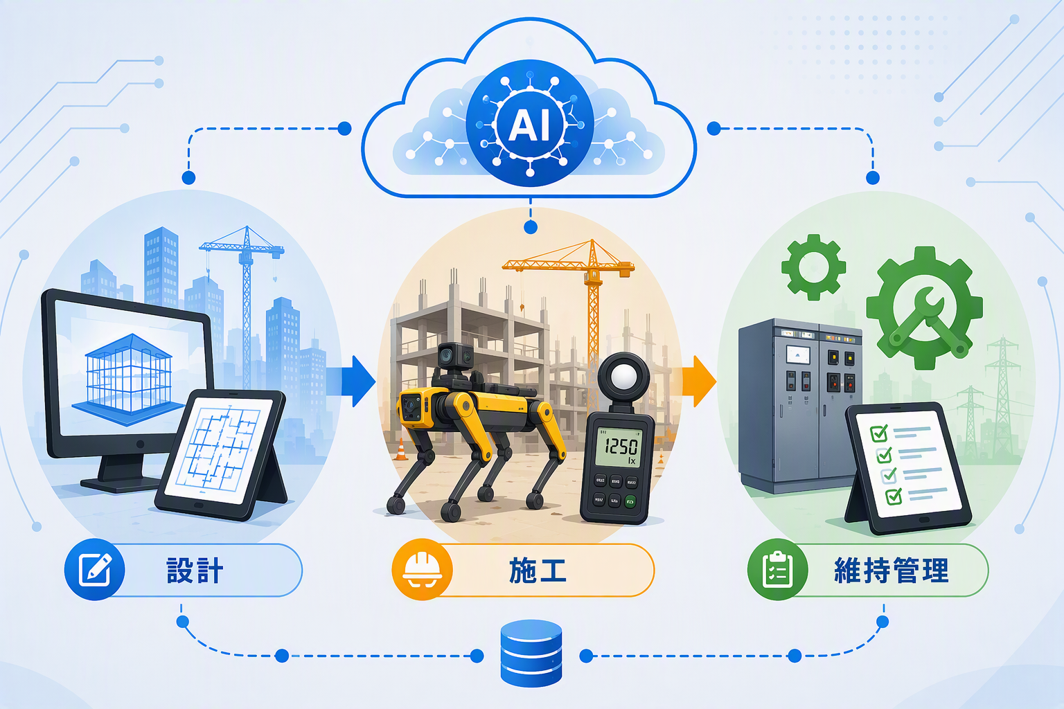 設計から施工、維持管理までをデータとAIでつなぐ流れの図